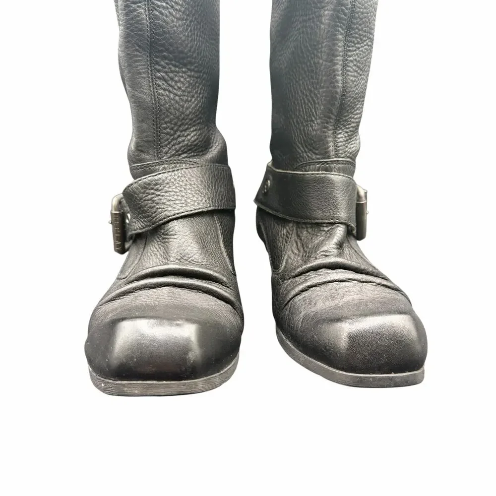 Replay Black Leather Tall Moto Boots Women’s 9.5 Buckle Riding